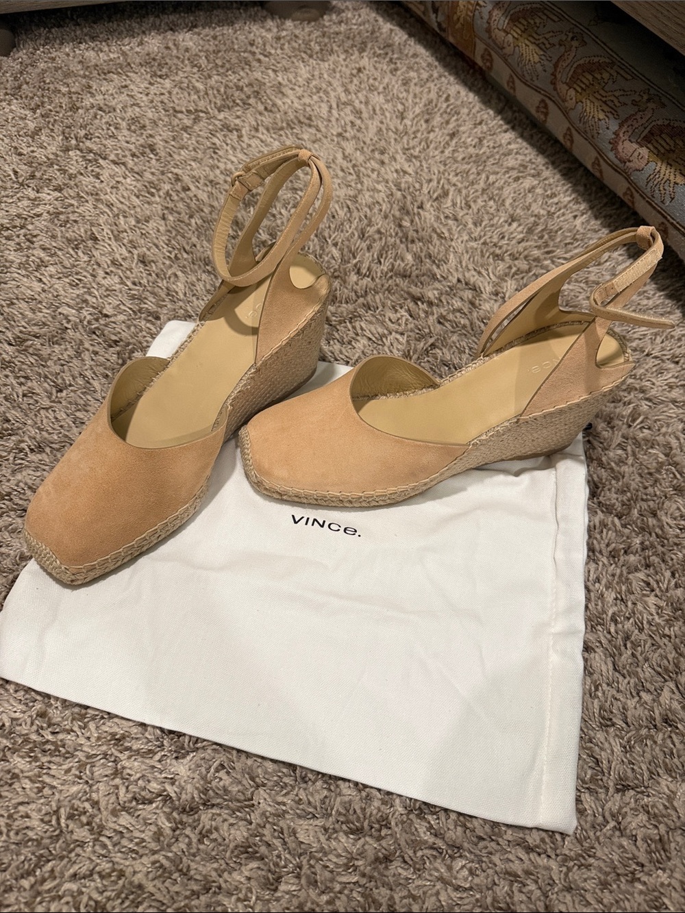Vince Cecilia Blonde Suede Espadrille Wedge Sandals with Ankle Strap